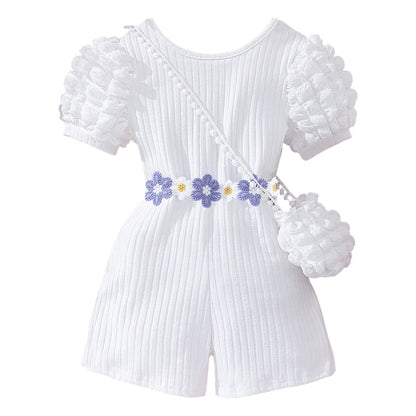 Girls Bubble Sleeve Ribbed Short Romper Set