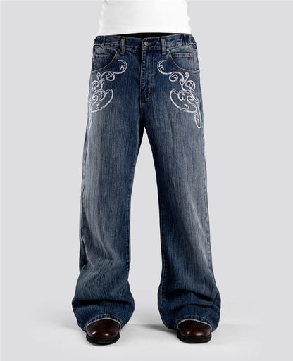 Men/Women Bootcut Jeans Vintage Washed Embroidery Pants
