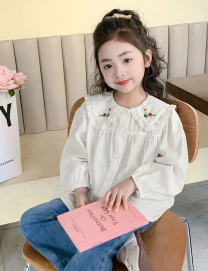 White Girl's Blouse Cotton Doll Collar Shirt