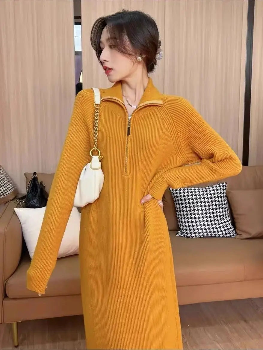 Plain Long Polo Collar Woman Knitted Dress