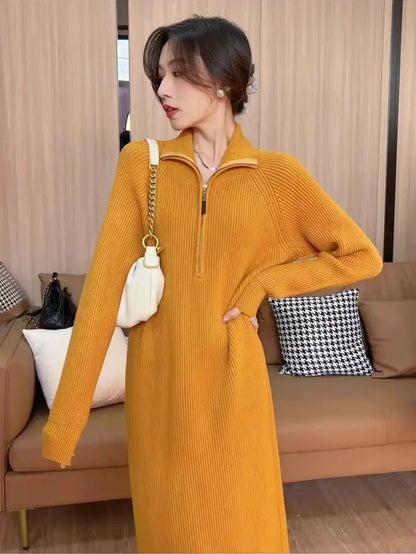 Plain Long Polo Collar Woman Knitted Dress