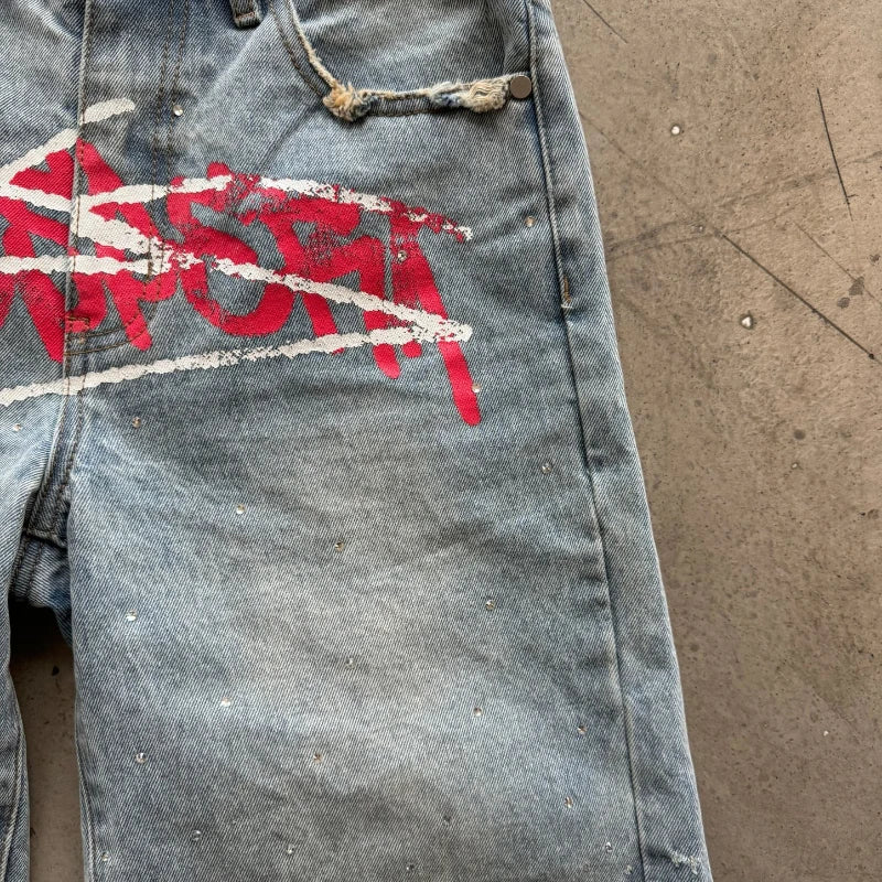 Graffiti Rhinestone Denim Baggy Shorts Men Women