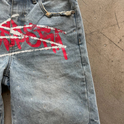 Graffiti Rhinestone Denim Baggy Shorts Men Women