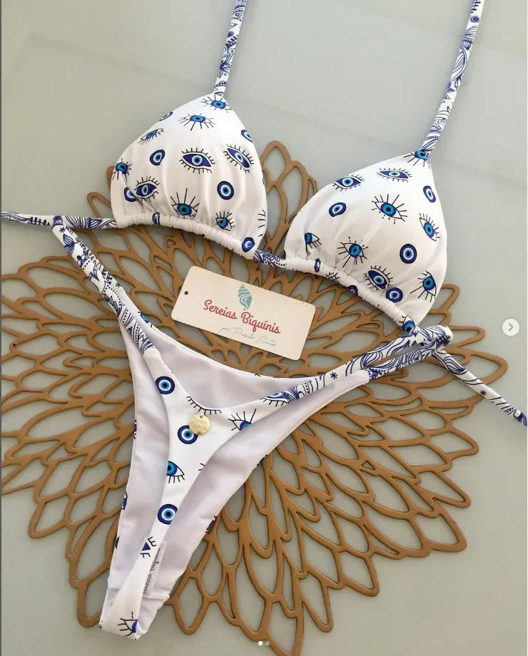 Print Sexy Bikini Sets Halter Lace-up  Beach