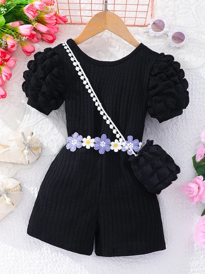 Girls Bubble Sleeve Ribbed Short Romper Set