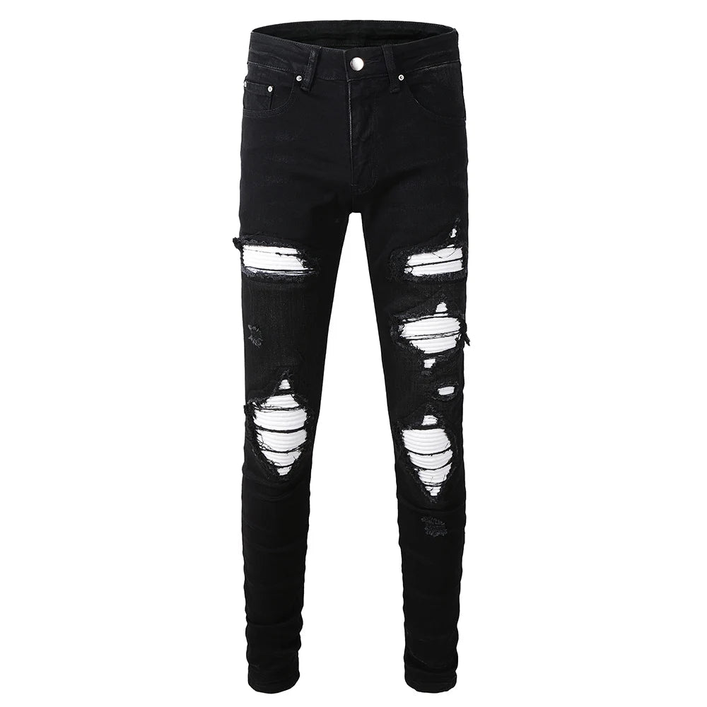 Men's White Pleated Patch Denim Jeans Streetwear