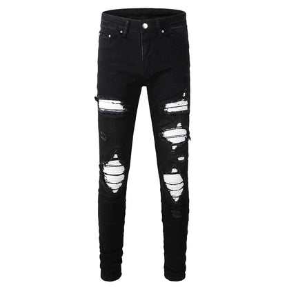 Men's White Pleated Patch Denim Jeans Streetwear