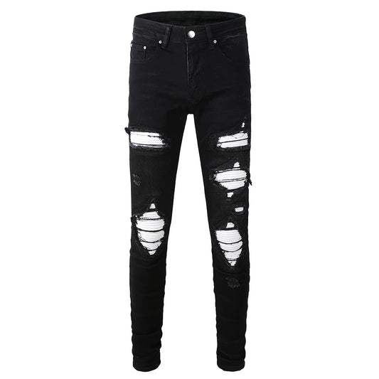Men's White Pleated Patch Denim Jeans Streetwear
