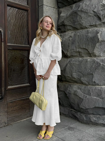 2 PCS V-Neck Lace-Up Bubble Sleeve Shirt  Long Skirt