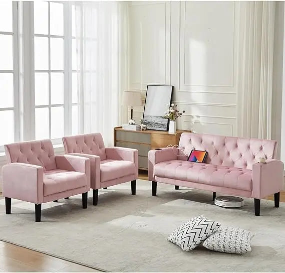 Mid-Century Modern Pink Velvet Loveseat Sofa Set