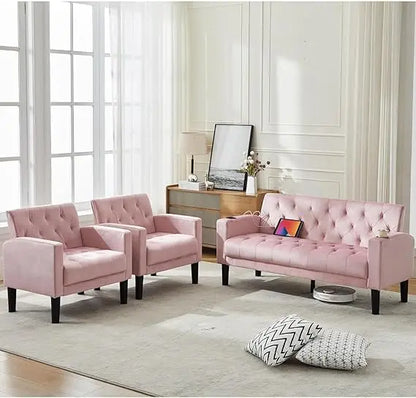Mid-Century Modern Pink Velvet Loveseat Sofa Set