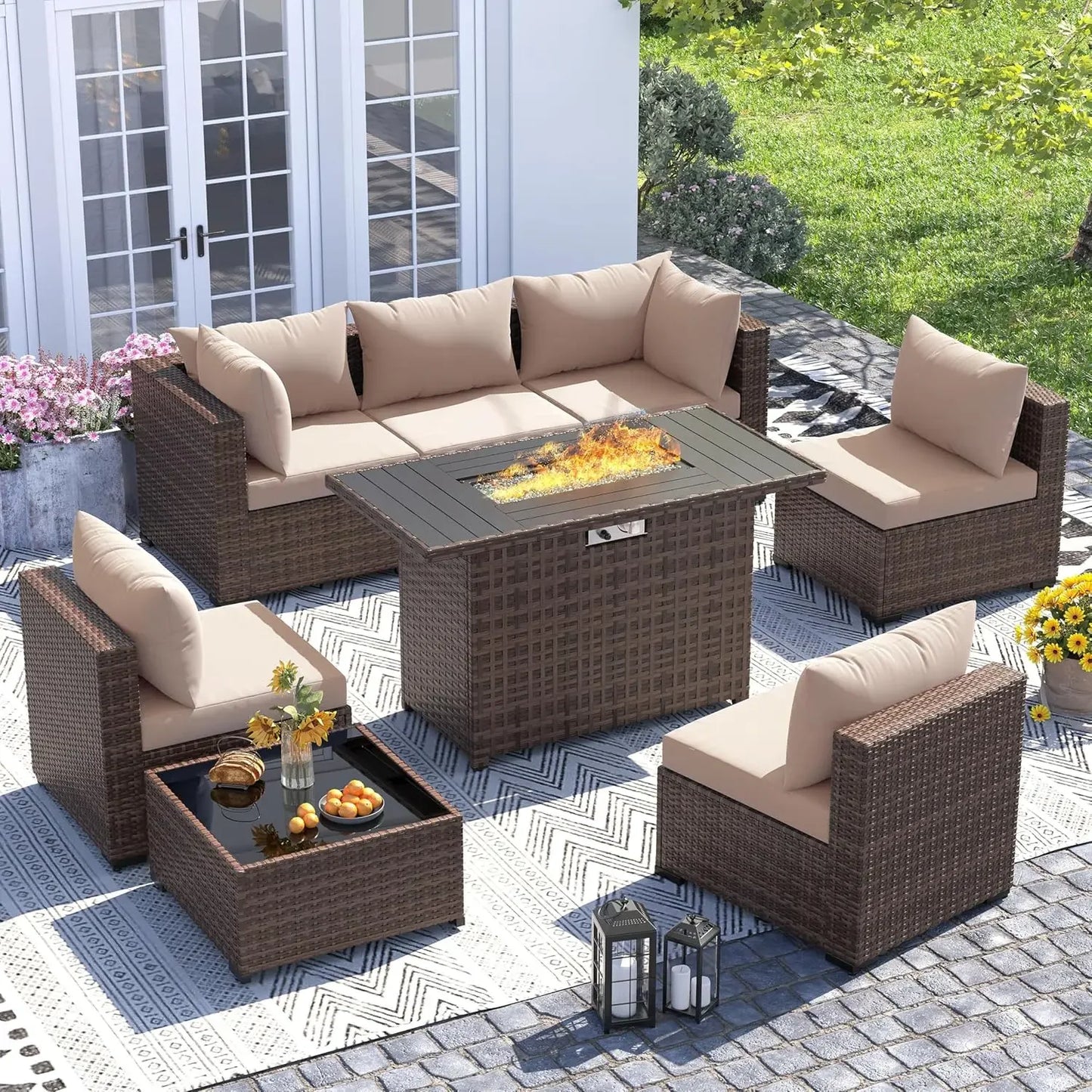 8 Piece Sectional Sofas, All-Weather With Fire Pit