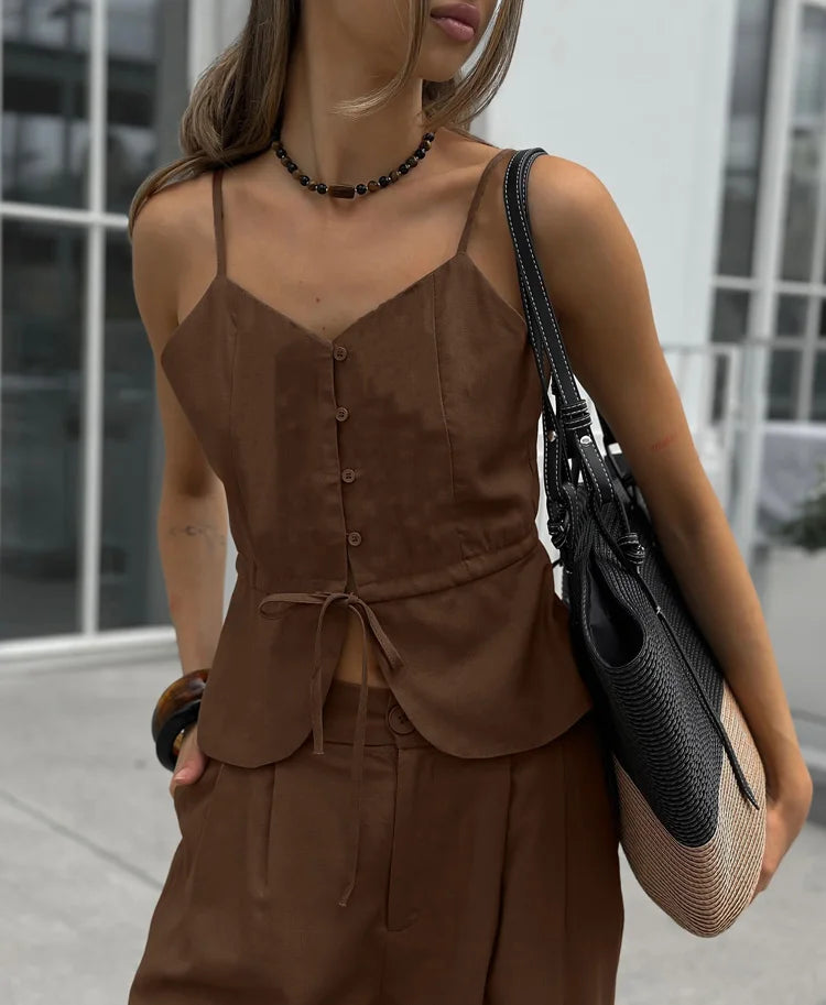 2 Pcs Office Pant Suits Solid Beige Wide Leg