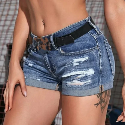 Women's Split Denim Mid Waist Curled Shorts
