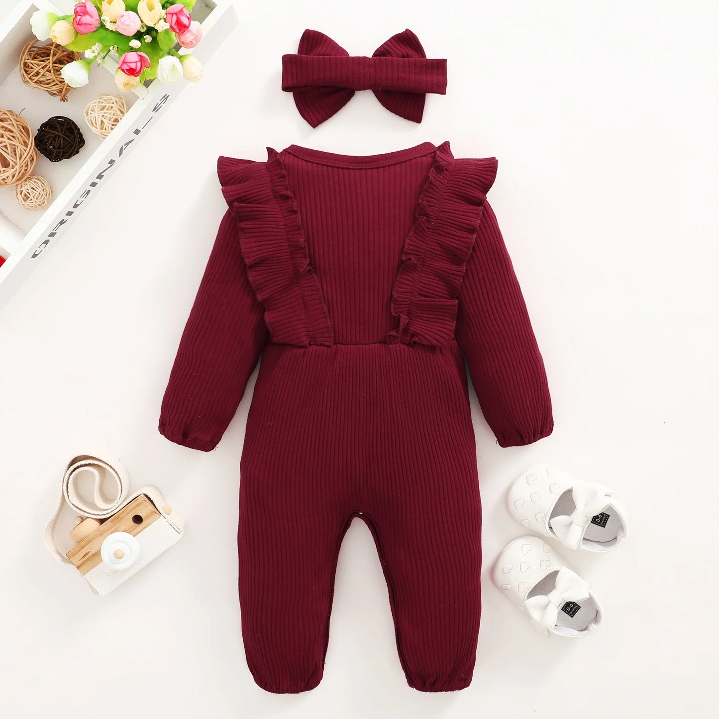 Girl Romper Long Sleeved Ruffle Bodysuit Headband