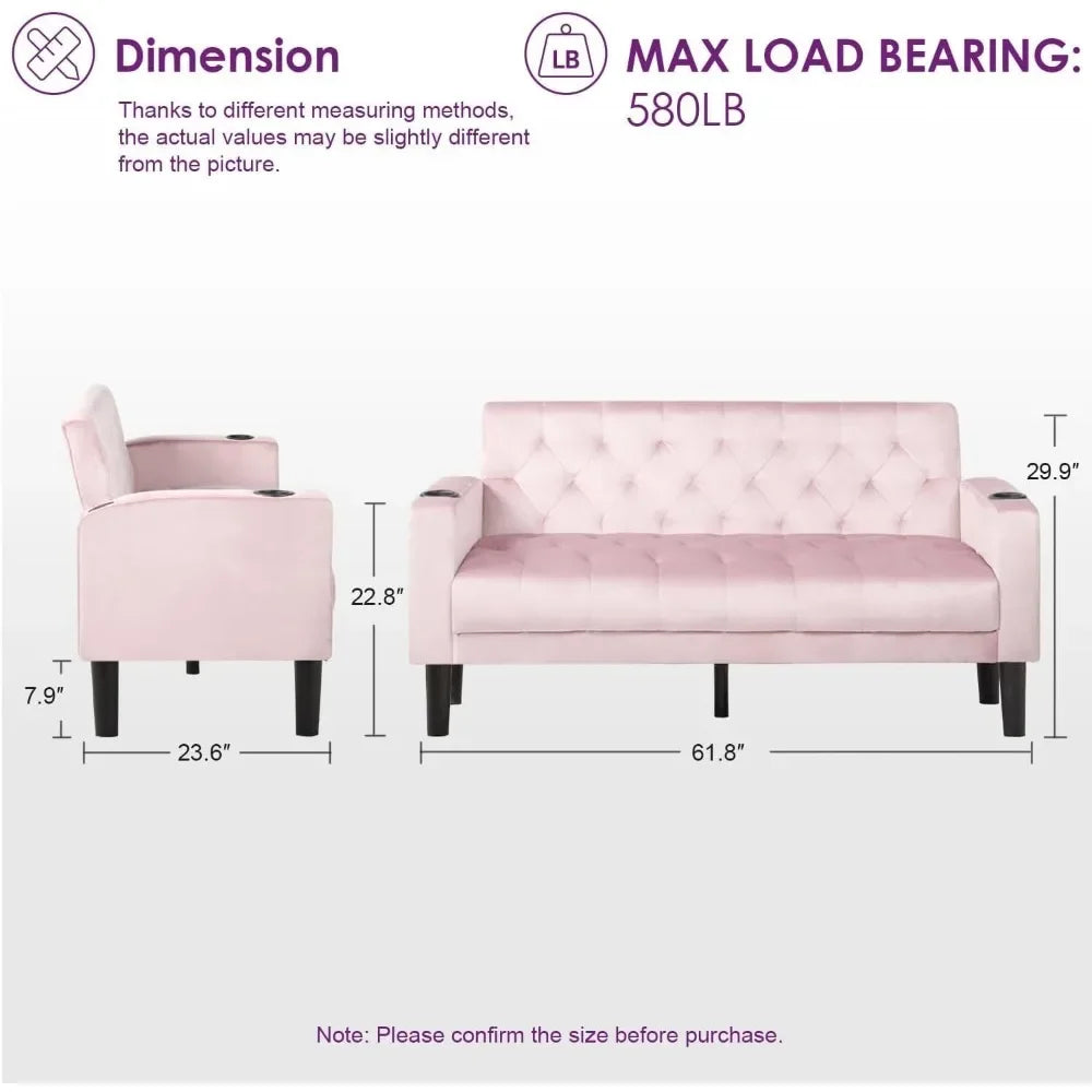 Mid-Century Modern Pink Velvet Loveseat Sofa Set