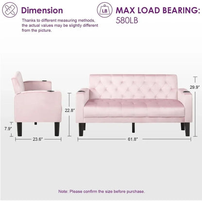 Mid-Century Modern Pink Velvet Loveseat Sofa Set