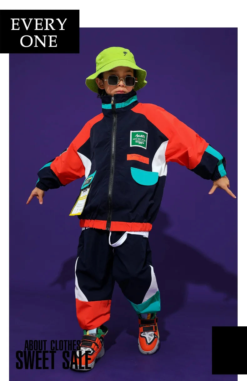 2 Pcs Boys/Girls Hip Hop Contrast Jacket Loose Pants