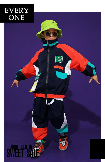 2 Pcs Boys/Girls Hip Hop Contrast Jacket Loose Pants