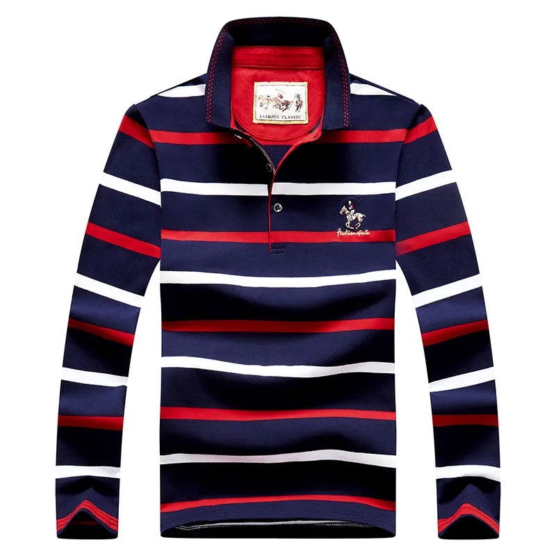 Men Polo Shirt Cotton Long Sleeve Stripe