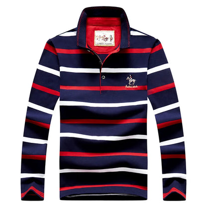 Men Polo Shirt Cotton Long Sleeve Stripe