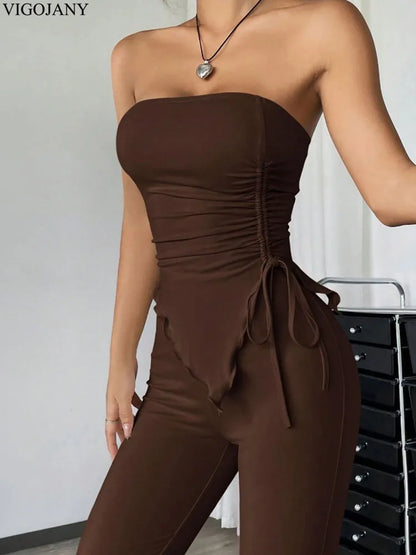 2 Pcs Brown Sexy Bandeau Top High Waist Pants