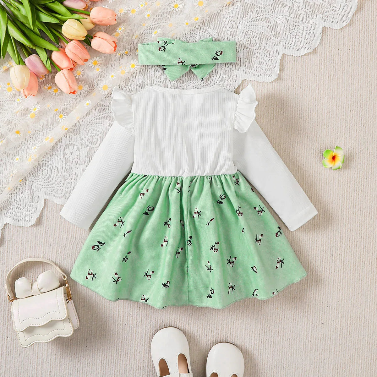 2pc Baby Girl Broken Flowers Big Bow Princess Dress