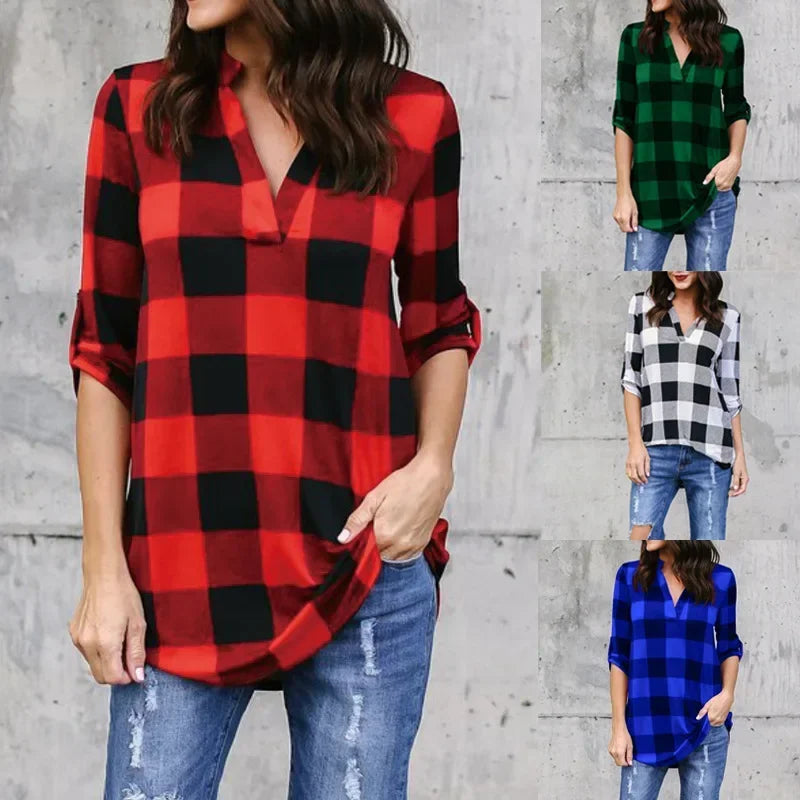 Fashion Plaid V-neck T-Shirt Woman Casual Shirt
