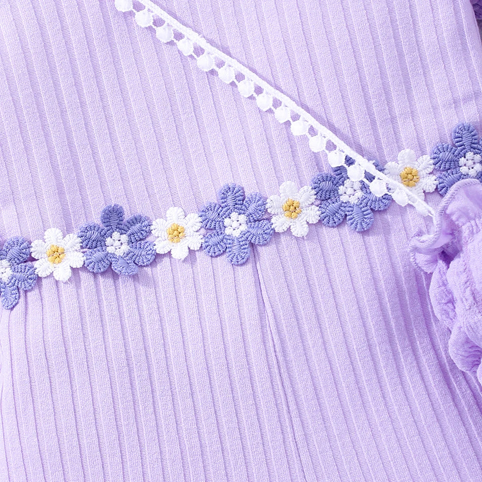 Girls Bubble Sleeve Ribbed Short Romper Set