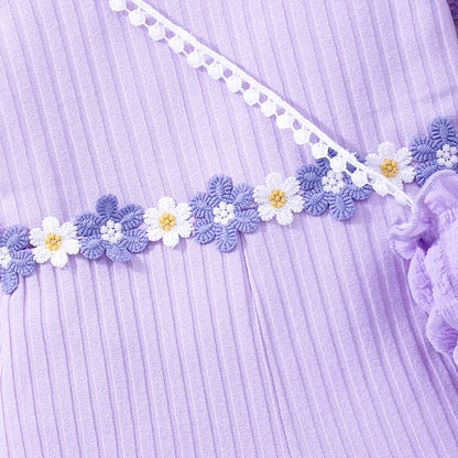 Girls Bubble Sleeve Ribbed Short Romper Set