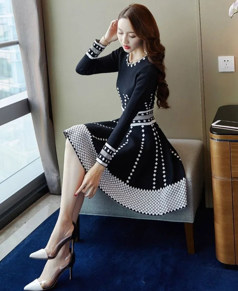Fashion Long Sleeve Midi Dresses Women Elegant