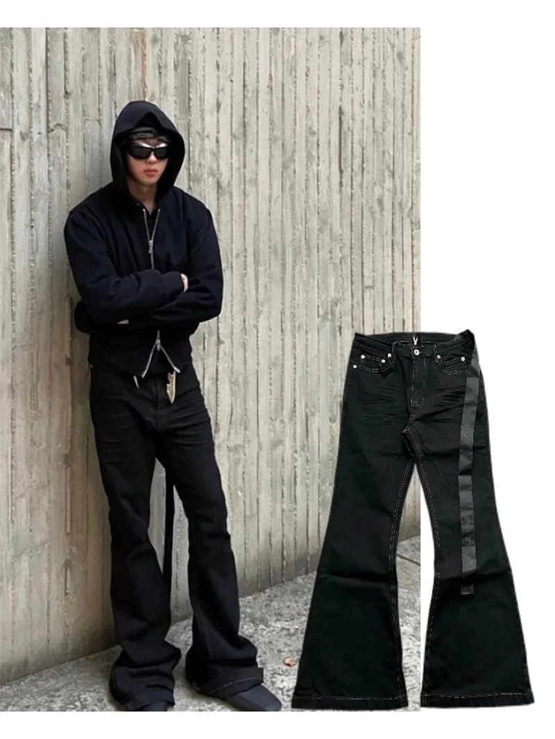Basic Black Ribbon Loose Flared Casual Jeans