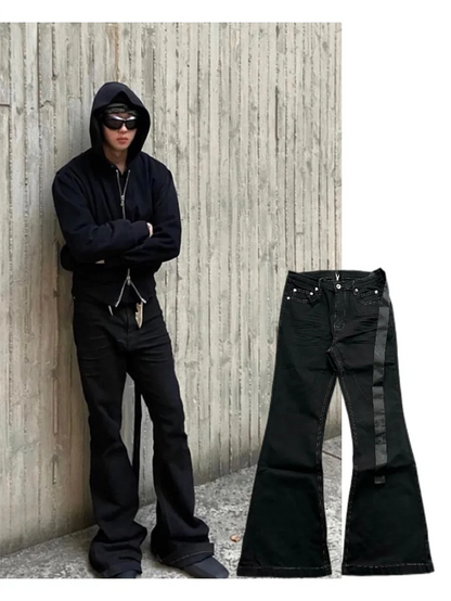 Basic Black Ribbon Loose Flared Casual Jeans