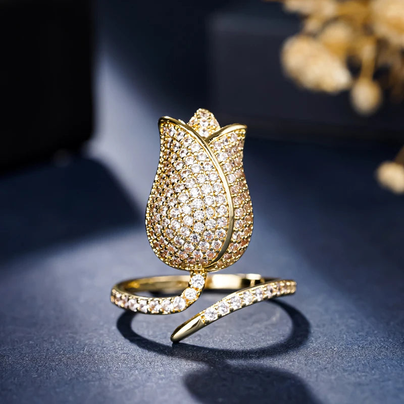 Romantic Tulip Design Flower Rings with Dazzling CZ