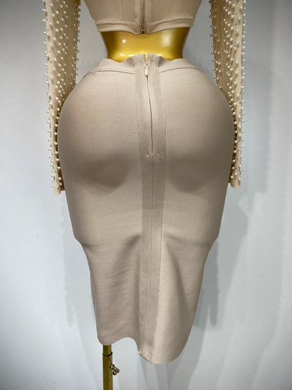 2 Pcs Women Sexy Long Sleeve Mesh Pearl Top