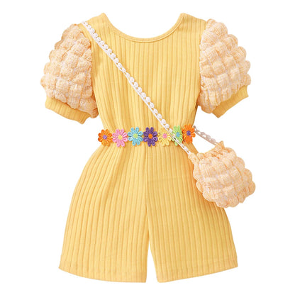 Girls Bubble Sleeve Ribbed Short Romper Set