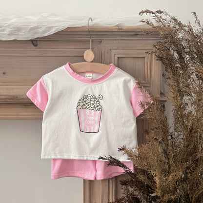 2PCS Girls Clothing Casual Cotton Popcorn Printed T-shirt