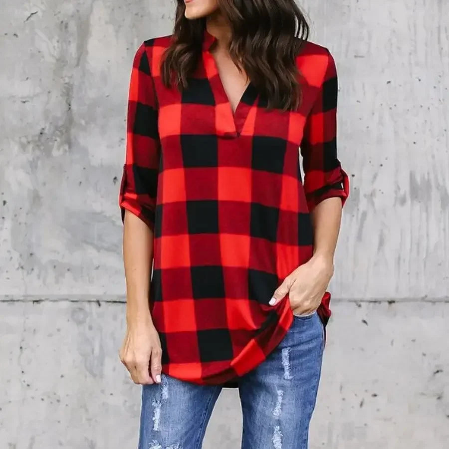 Fashion Plaid V-neck T-Shirt Woman Casual Shirt