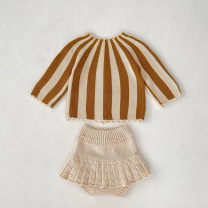 2 Pcs Baby Girls Long Sleeve Striped Cardigan Coat+ Shorts