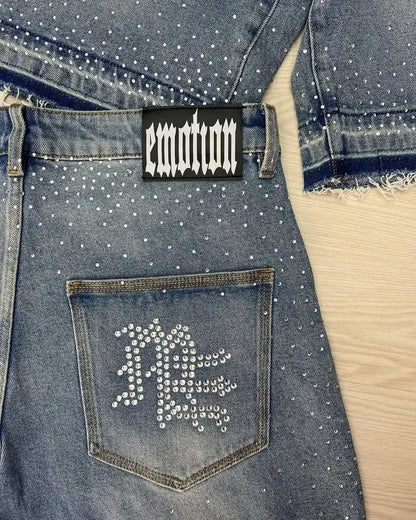 Men Woman Rhinestone Sequin Denim Shorts