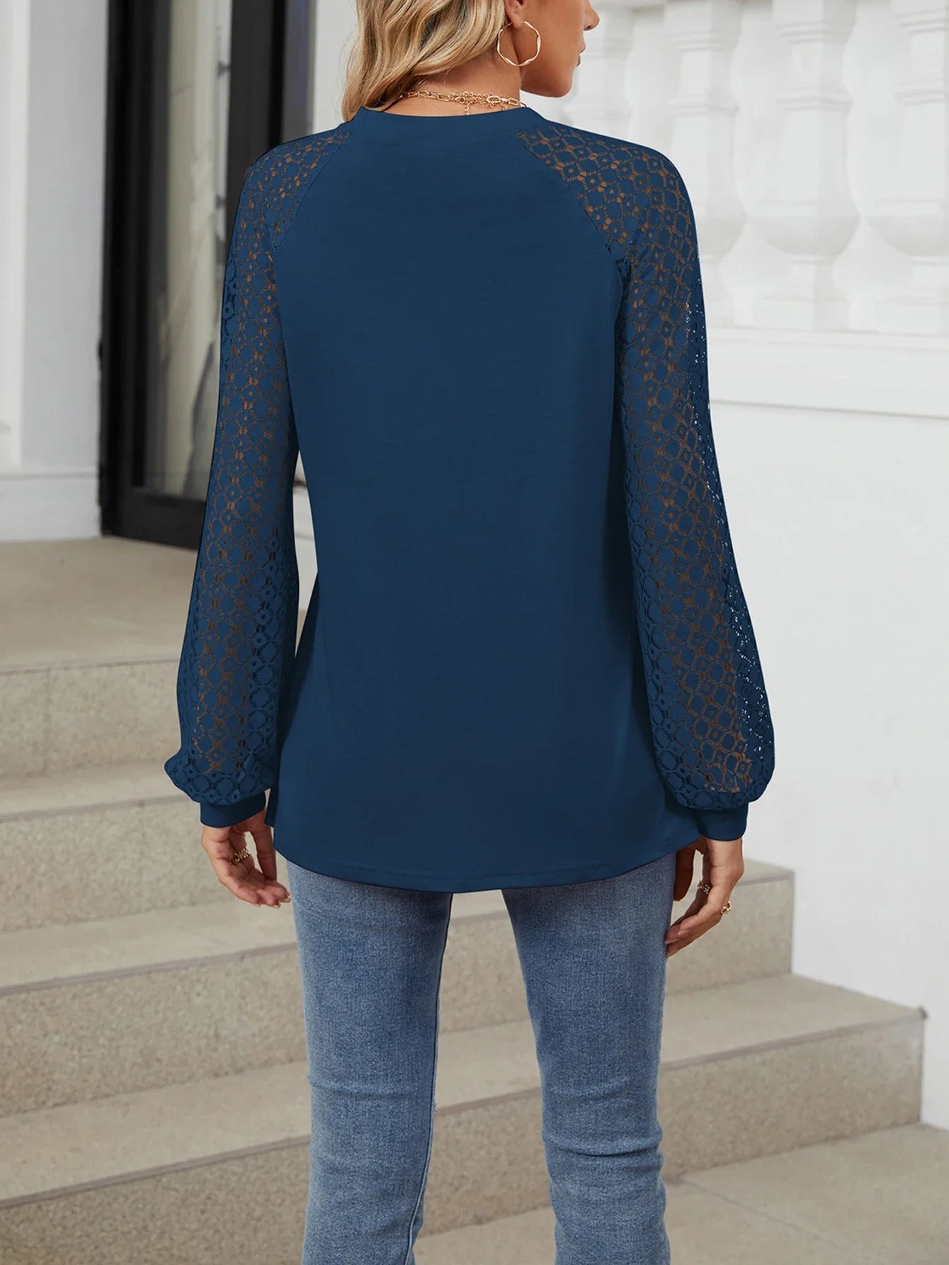 Womens Lantern Sleeve Lace Spliced Design Pullover