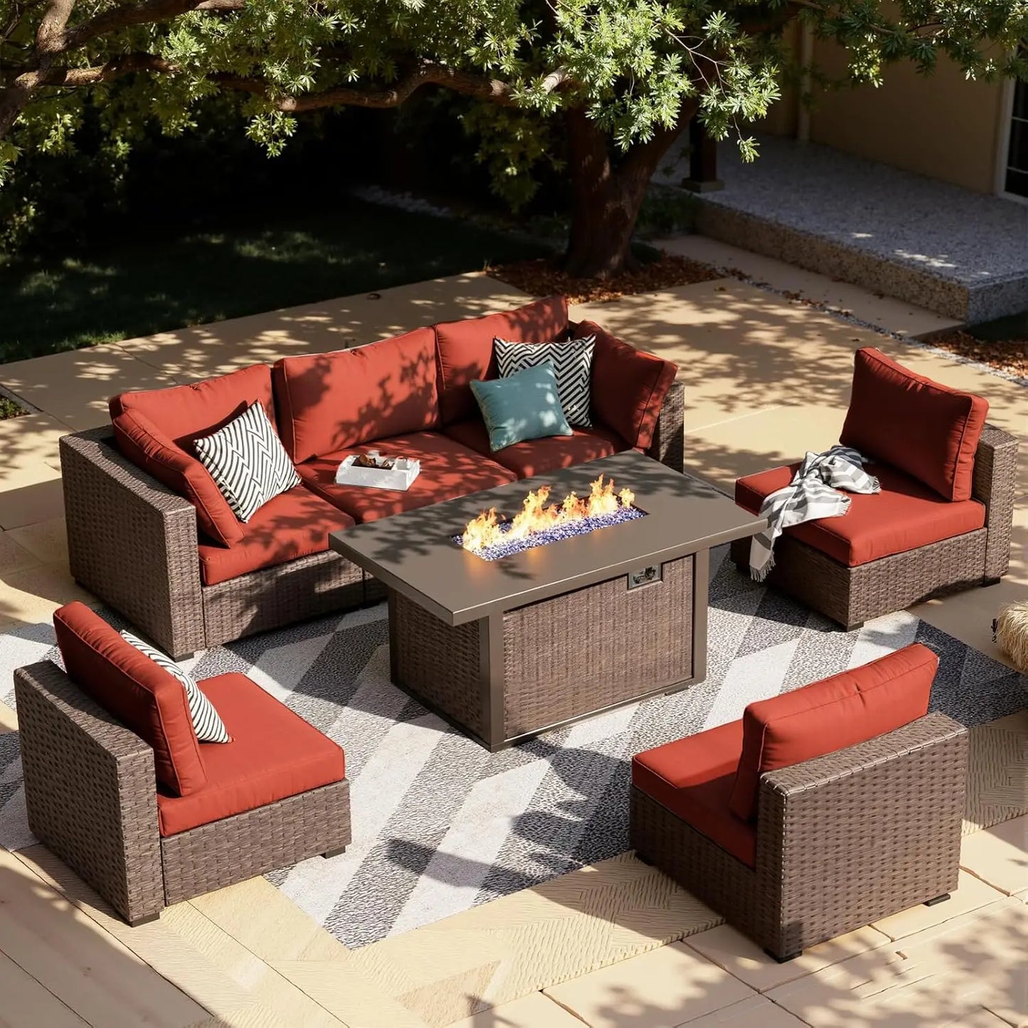 7-Pieces Patio Furniture Sets Outdoor Sectional Firepit Table