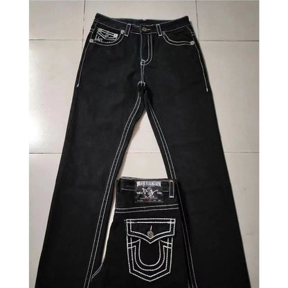 Blue Embroidered Men's and Women's Retro Trendy Jeans
