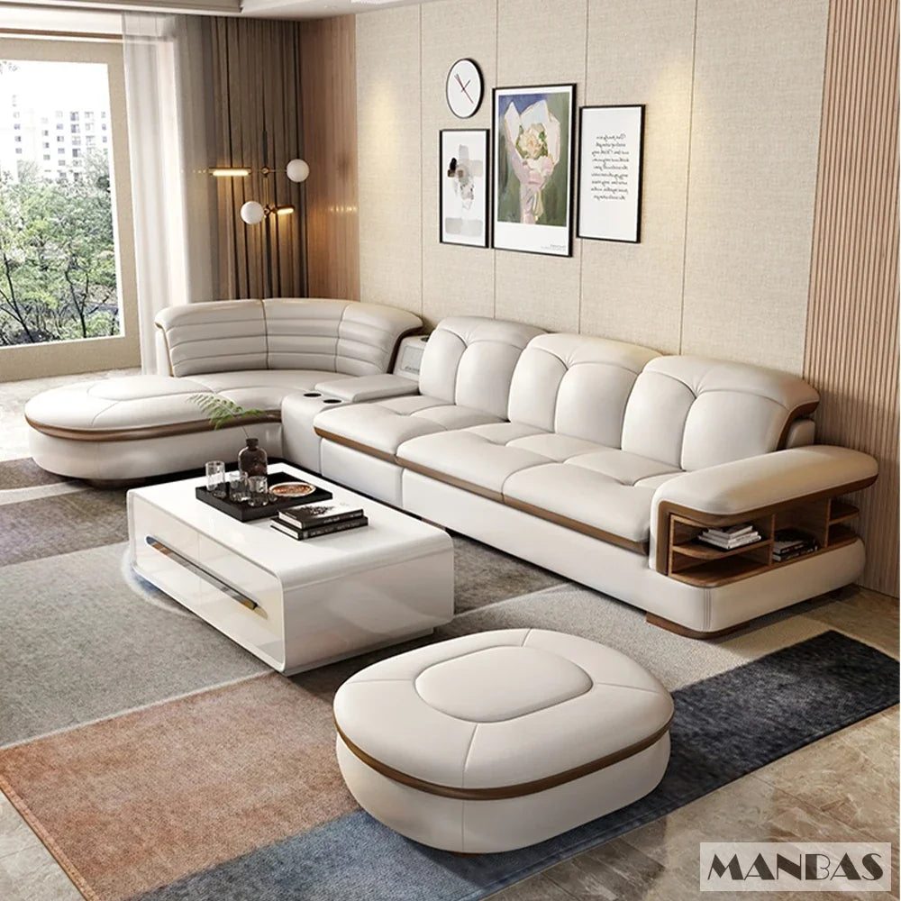 Luxury L-Shaped Genuine Leather Sectional Sofa Set