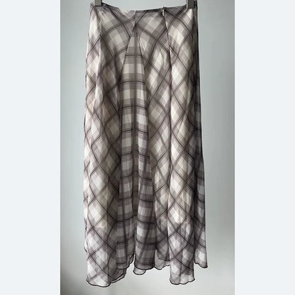 Flowing Check Midi Retro Long Skirt Seaside