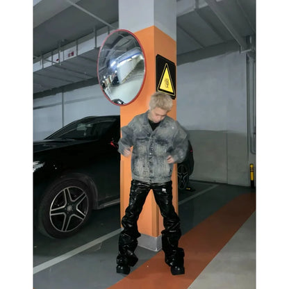 Men's Dark Coated Glossy Leather Black Jeans
