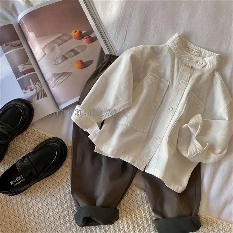 Band Collar Cotton Long Sleeve Shirt Coat Boys Girls Tops Clothes