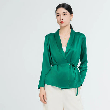 Real Silk Woman Blouses Lace-Up V-Neck