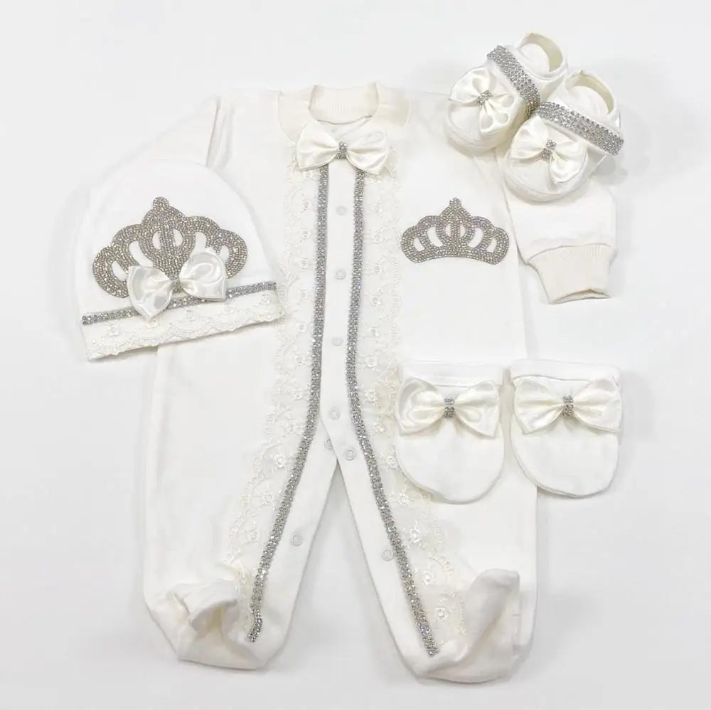 4 Pcs Boy/Girl Rhinestone Crown Jumpsuit Clothing