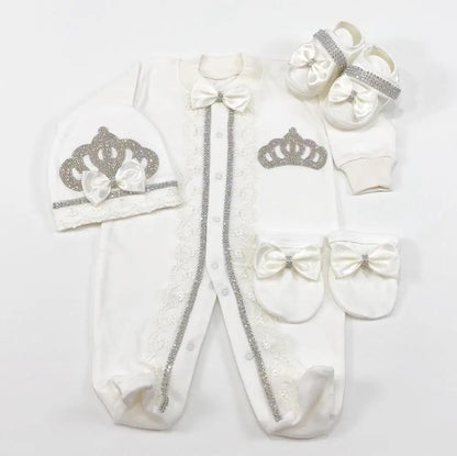 4 Pcs Boy/Girl Rhinestone Crown Jumpsuit Clothing